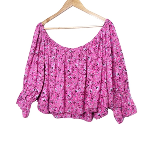 Free People Women's James Smock Pink Floral Quarter Sleeve Cropped Button Blouse - Picture 9 of 16